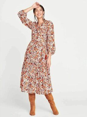 Boho Whimsy Thought Floral Paisley Faux Wrap Midi Dress Rust Cream Teal US Sz 10